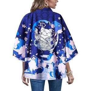 Time Studio Kimono Jacket Blue Lucky Cat Sakura Floral Anime Yukata Style‎ OS